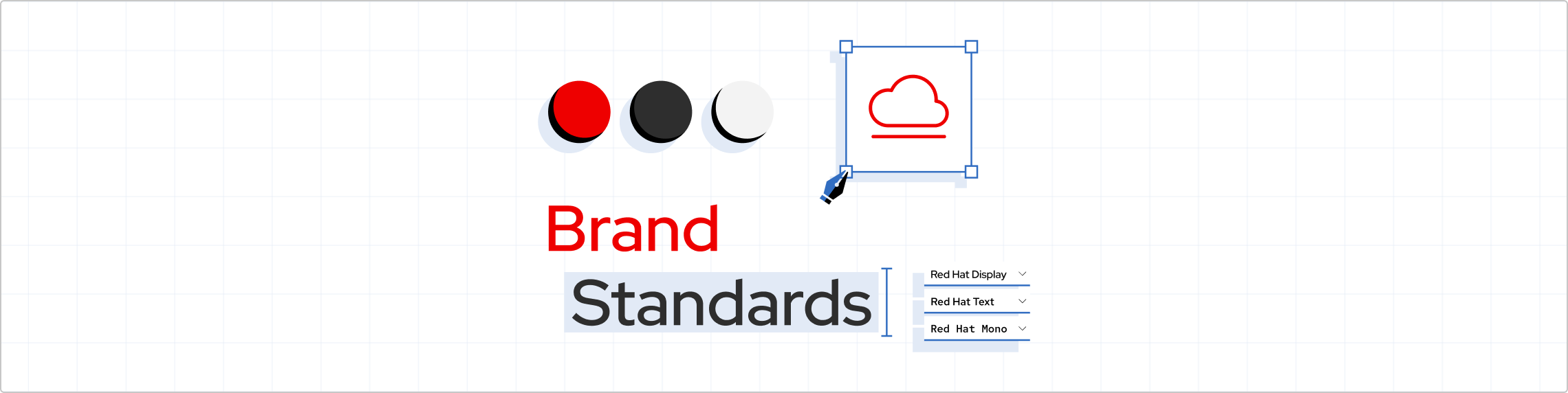 the words 'brand standards' framed by elements and shapes in ReEd Hat colors